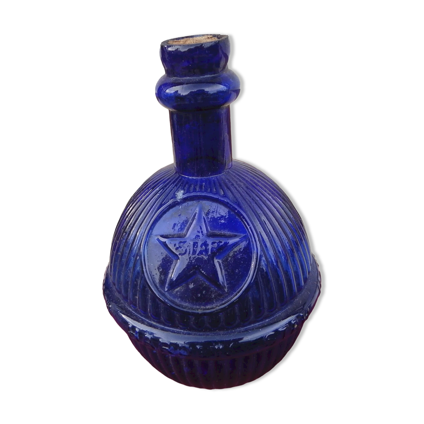 HARDEN fireplace fire extinguishing grenade in fluted blue glass, marked "Star". Rare decoration
