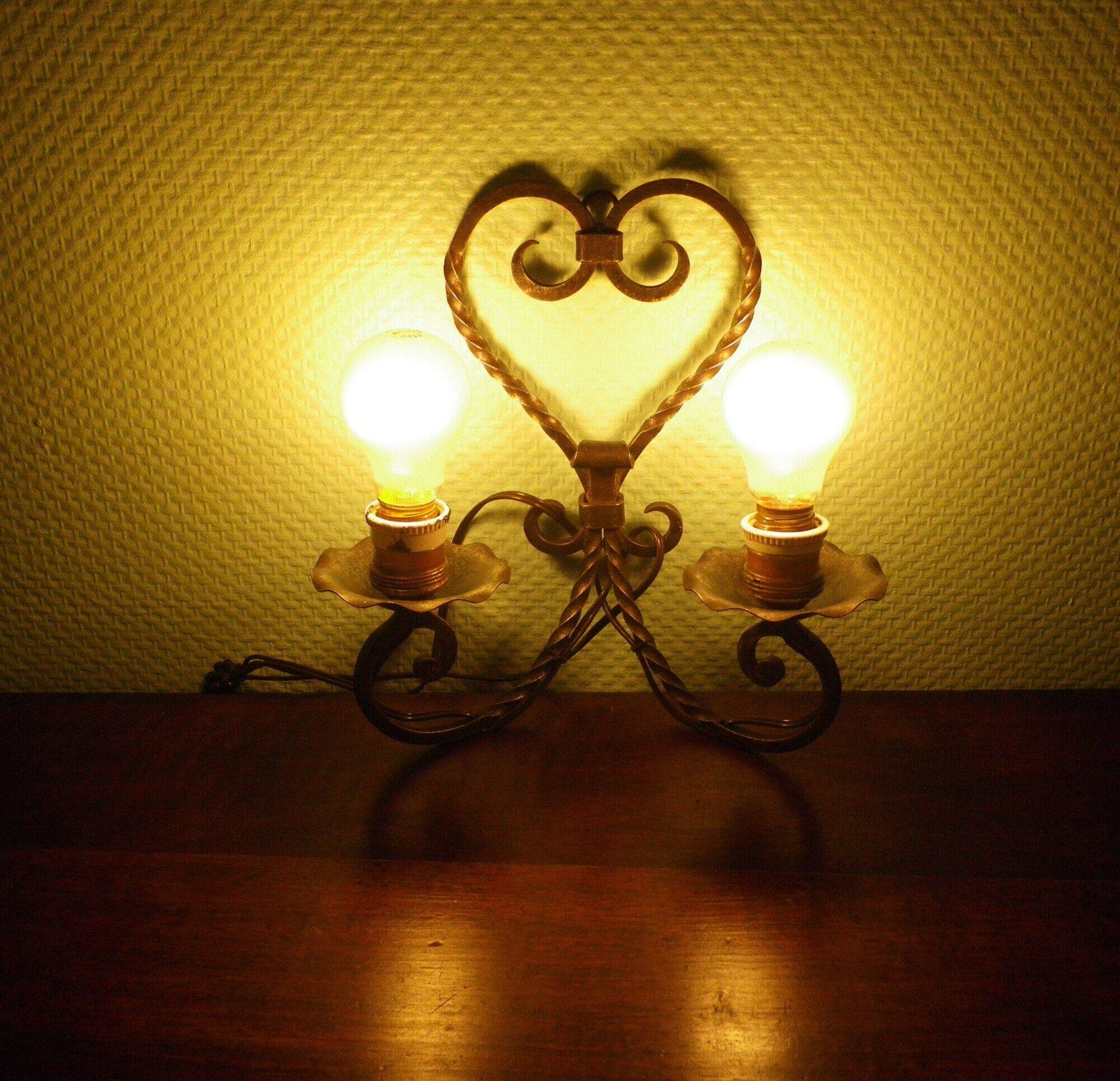 Real wrought iron wall sconce assembled and uns welded, porcelain and brass sleeves -1930/40