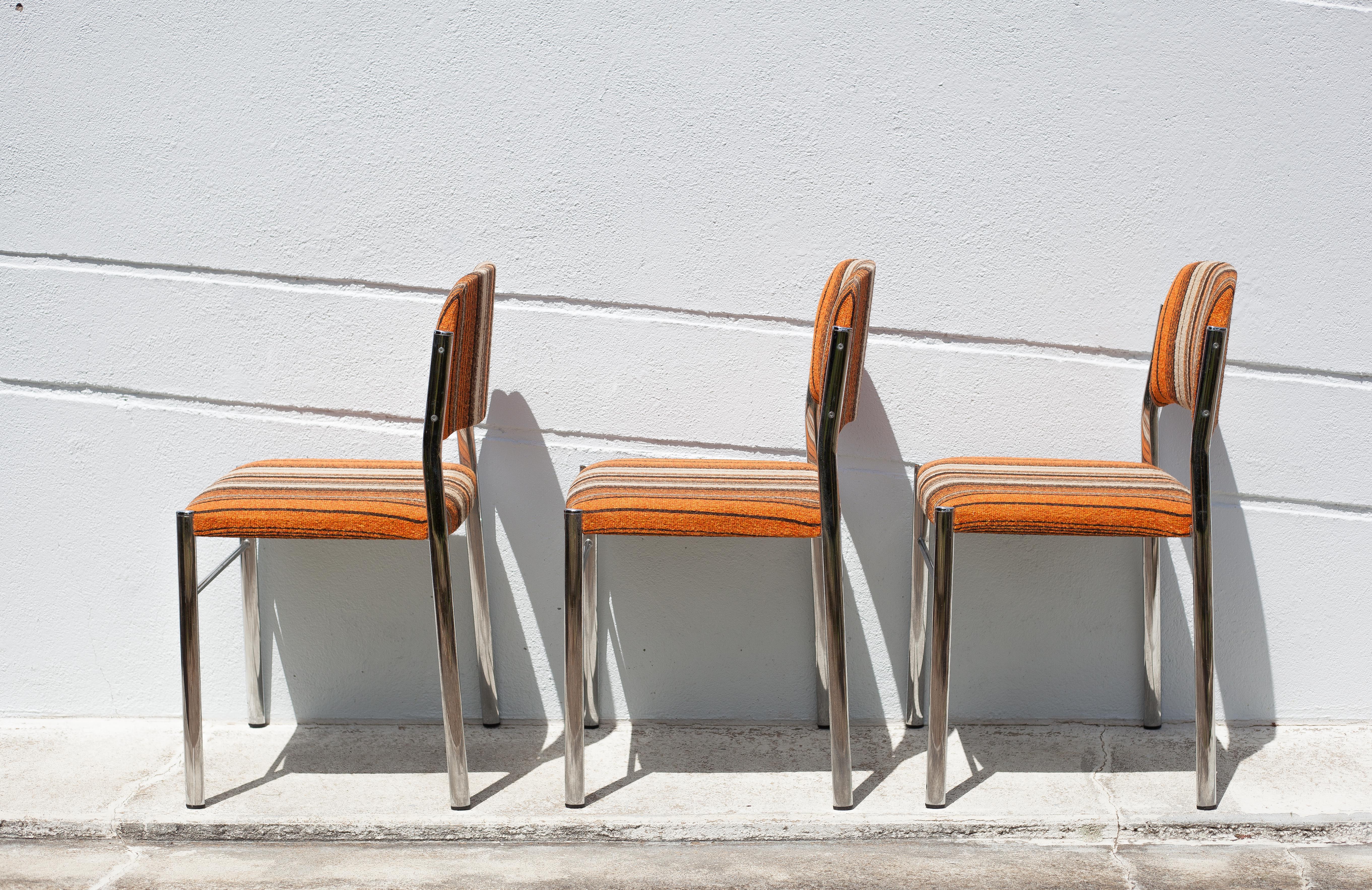 Lot 3 chairs vintage fabric, chrome metal chair, orange/brown/beige wool fabric, retro