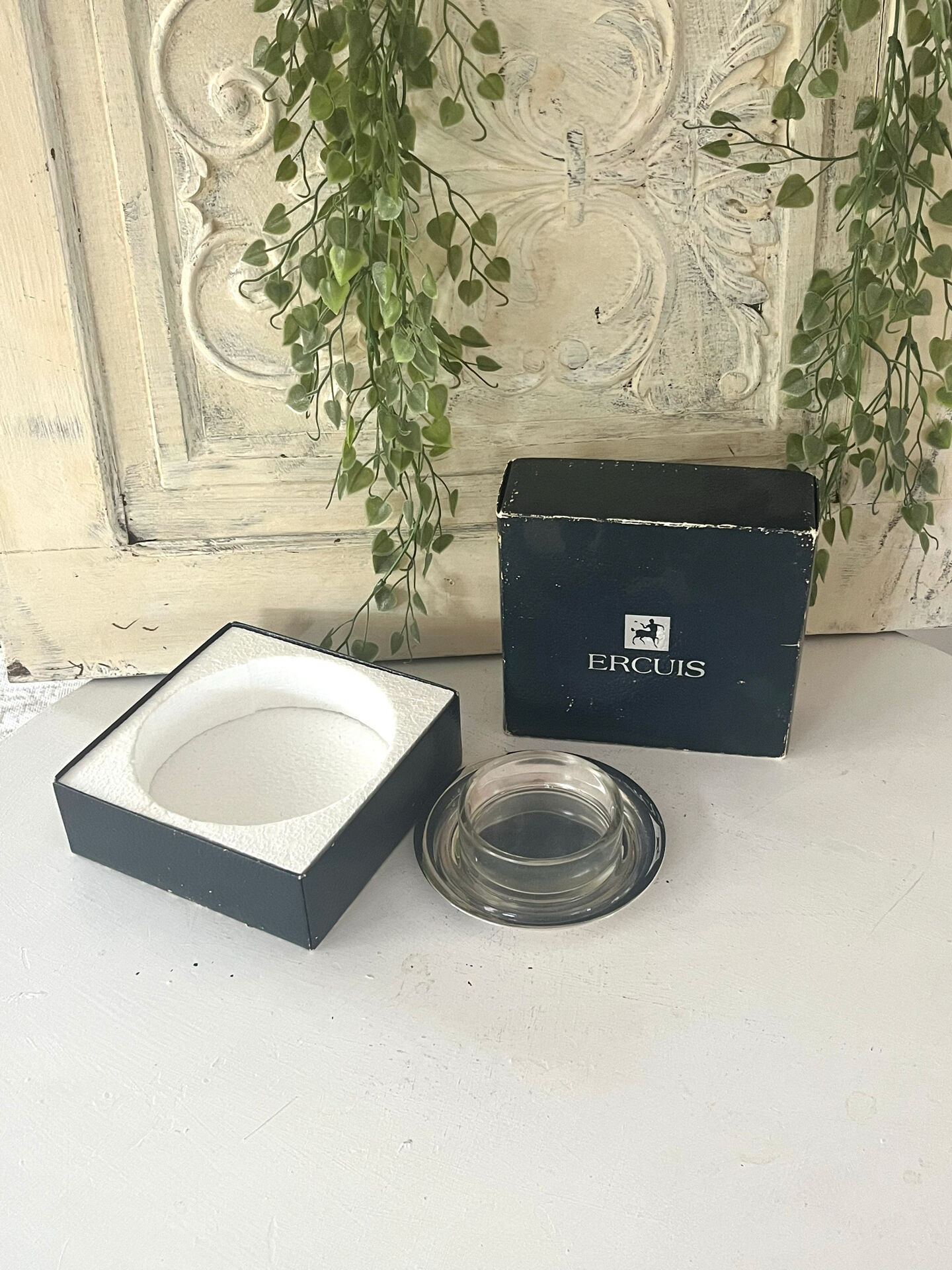 Silver plated butter dish with crystal insert by Ercuis, original box