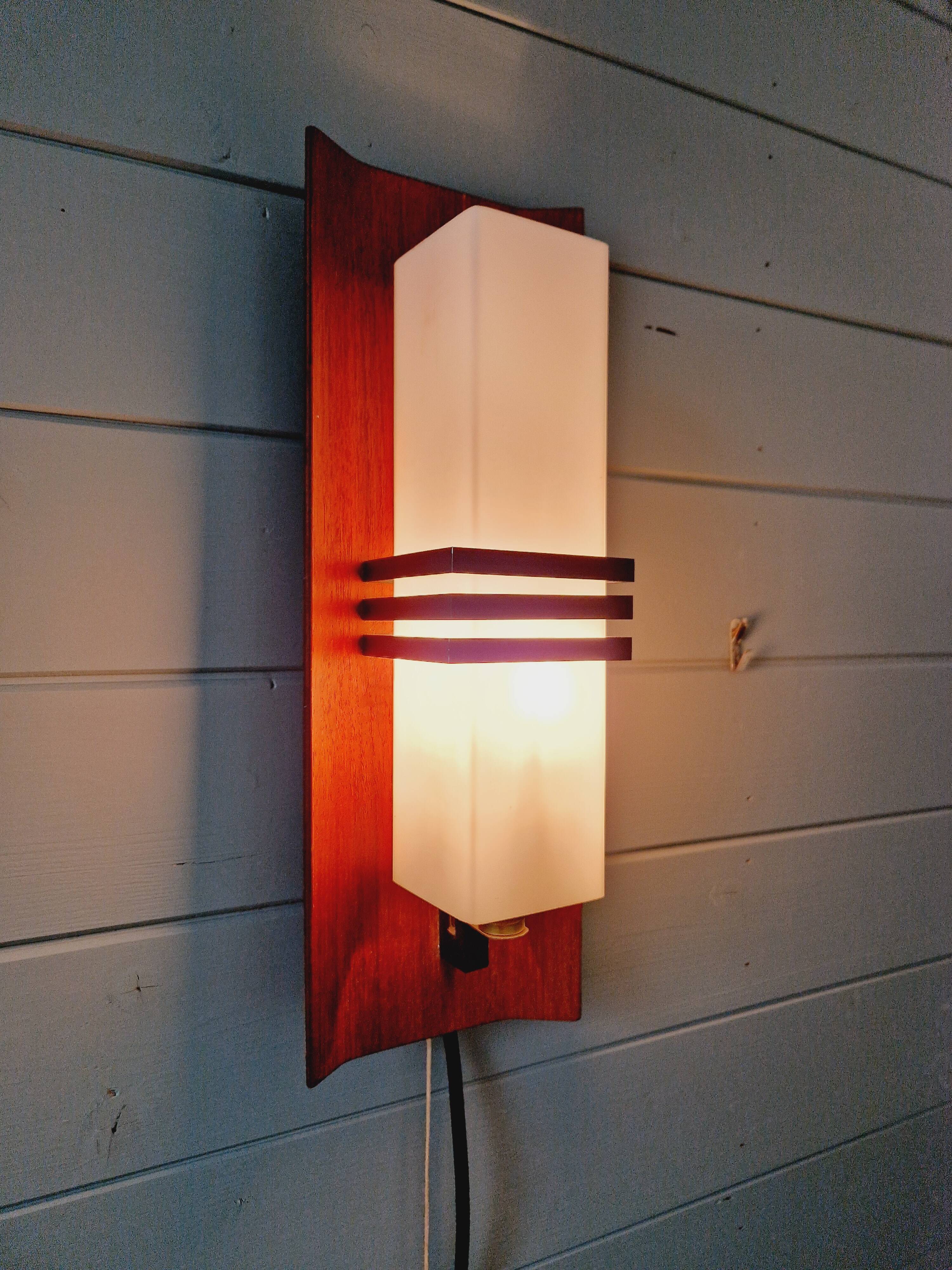 Scandinavian wall light in opaline and teak, 1960s