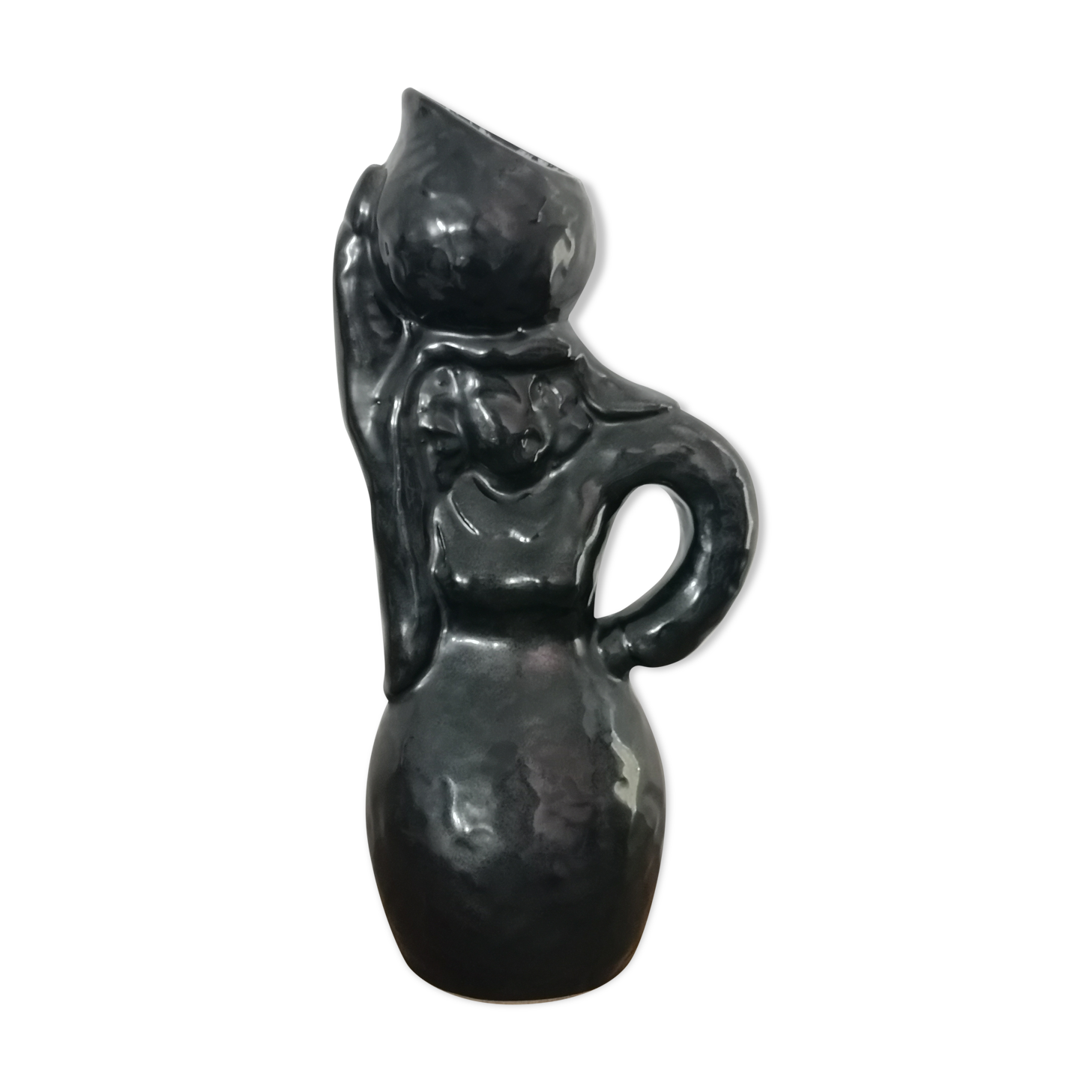 Black enamel ceramic pitcher , signed Raymond camard 1950