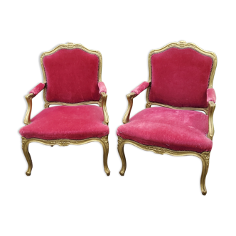 Pair of armchairs nineteenth century to the queen style Louis XV gilded wood