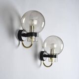 Pair of brass and blown glass wall lights, Glashütte Limburg