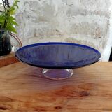Plat a tarte sur pied en verre style bleu de Murano