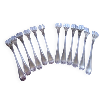 12 silver-plated oyster forks with net, in box