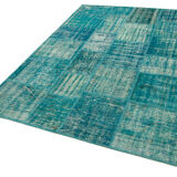 Handmade anatolian overdyed 175 cm x 242 cm turquoise patchwork carpet