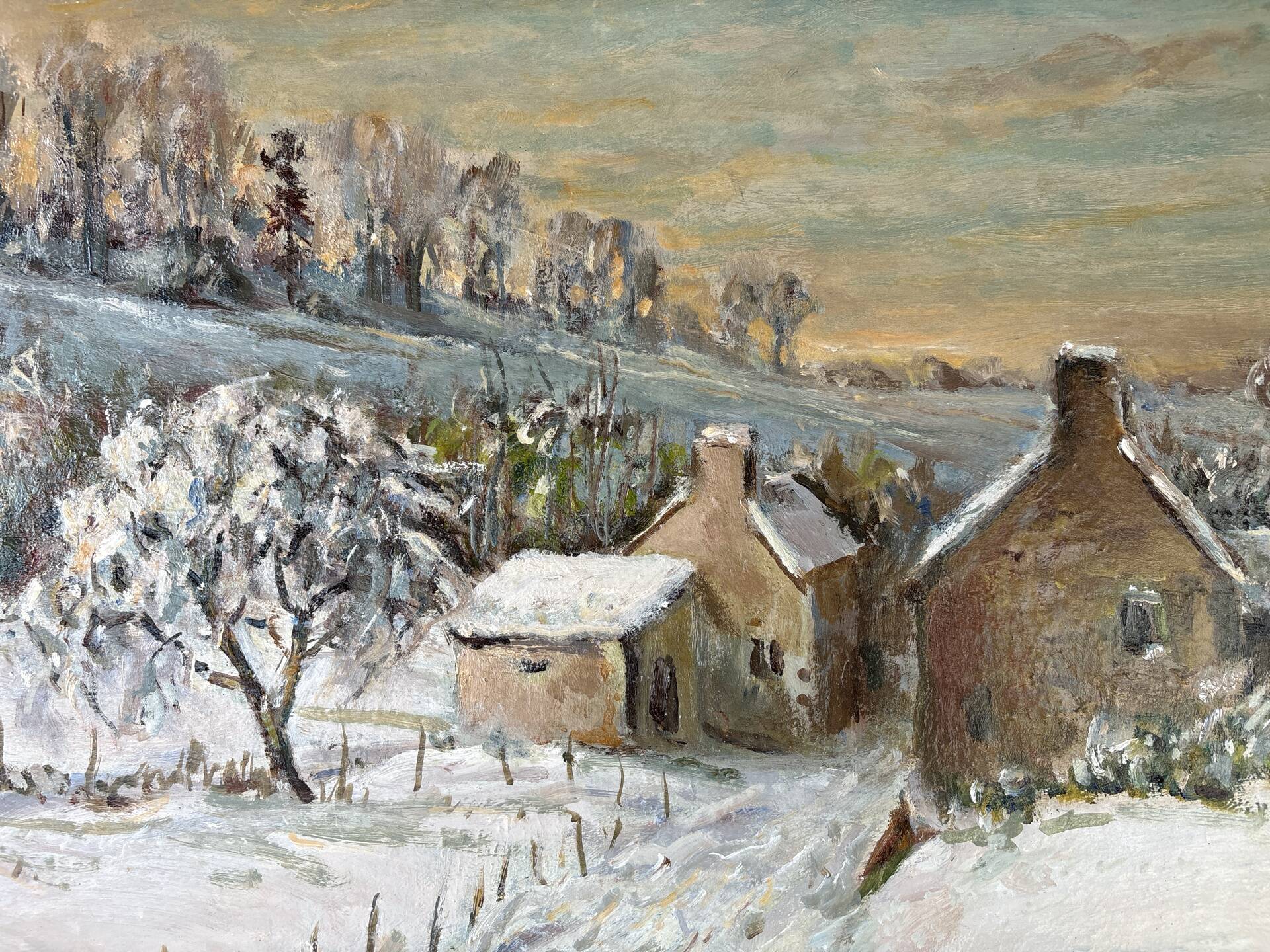 Large oil on canvas signed by Victor Zolnierowicz – Snowy landscape in