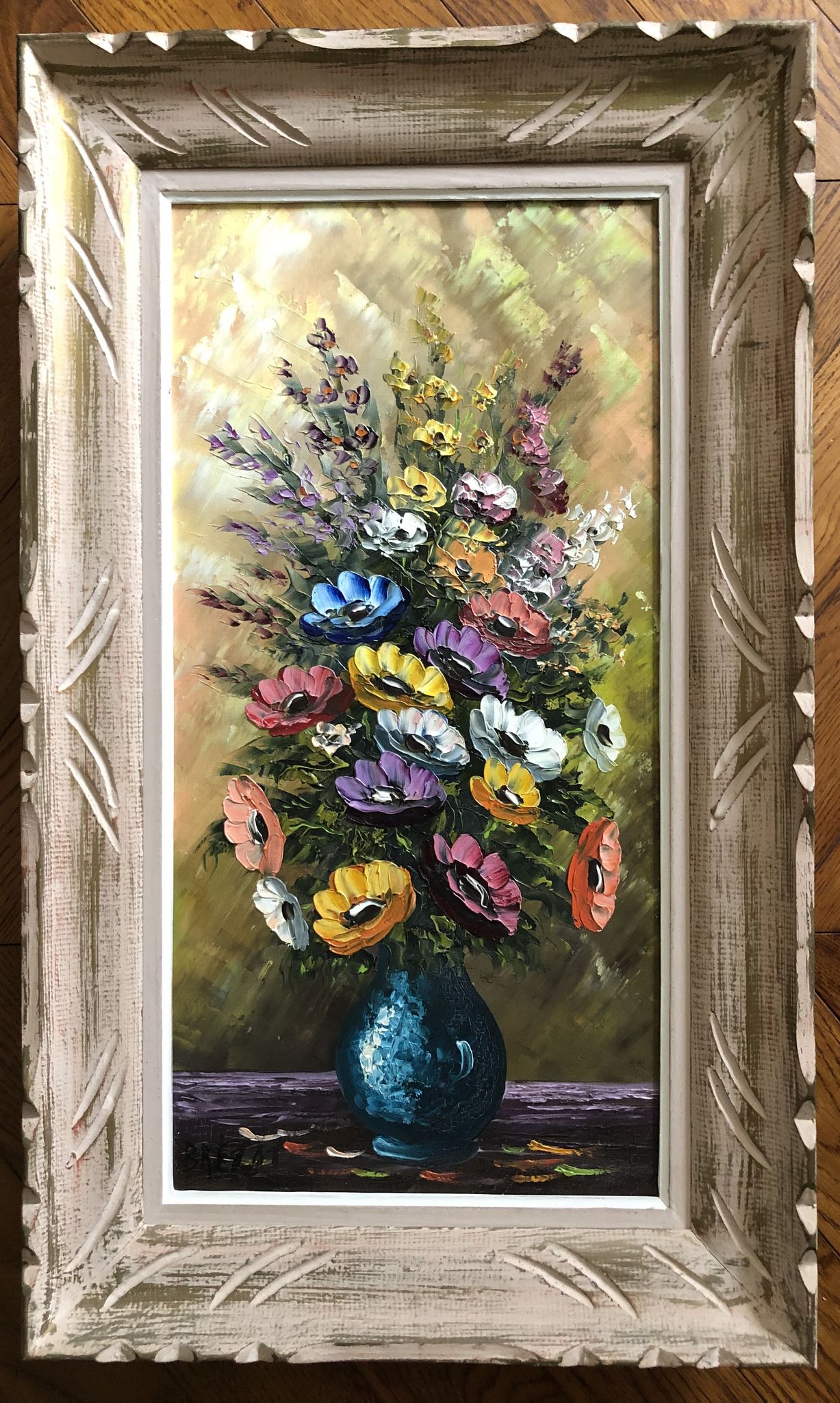 Huile sur toile, nature morte aux anémones