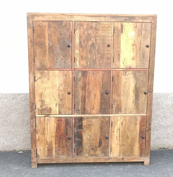 Armoire, meuble de rangement 9 portes en bois ancien