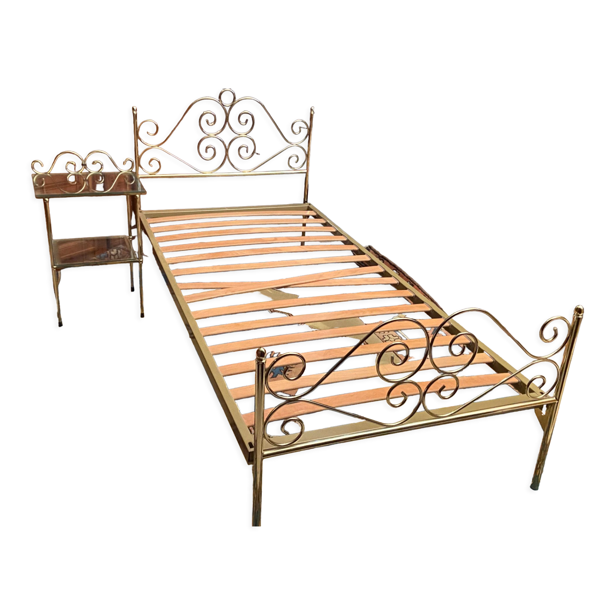 Romantic style single bed in brass with bedside table