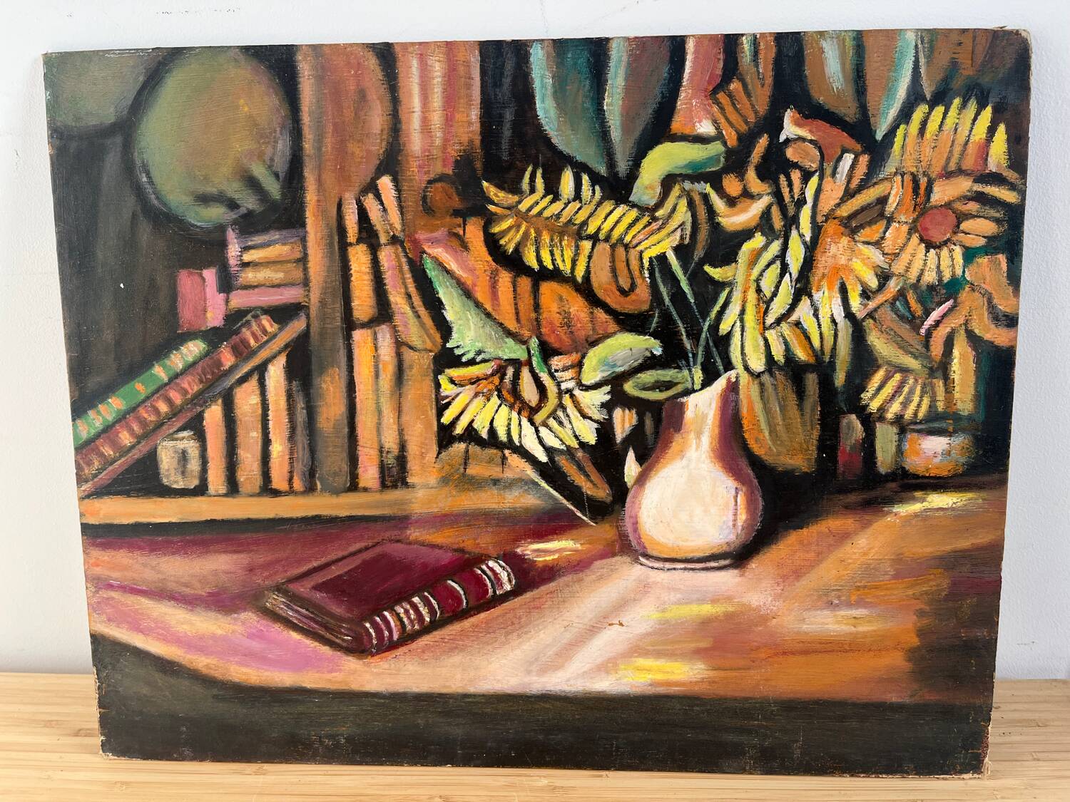 Still life, books and sunflowers, oil on panel