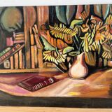 Still life, books and sunflowers, oil on panel