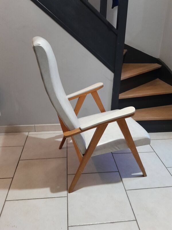 Fauteuil pieds compas scandinave vintage blanc