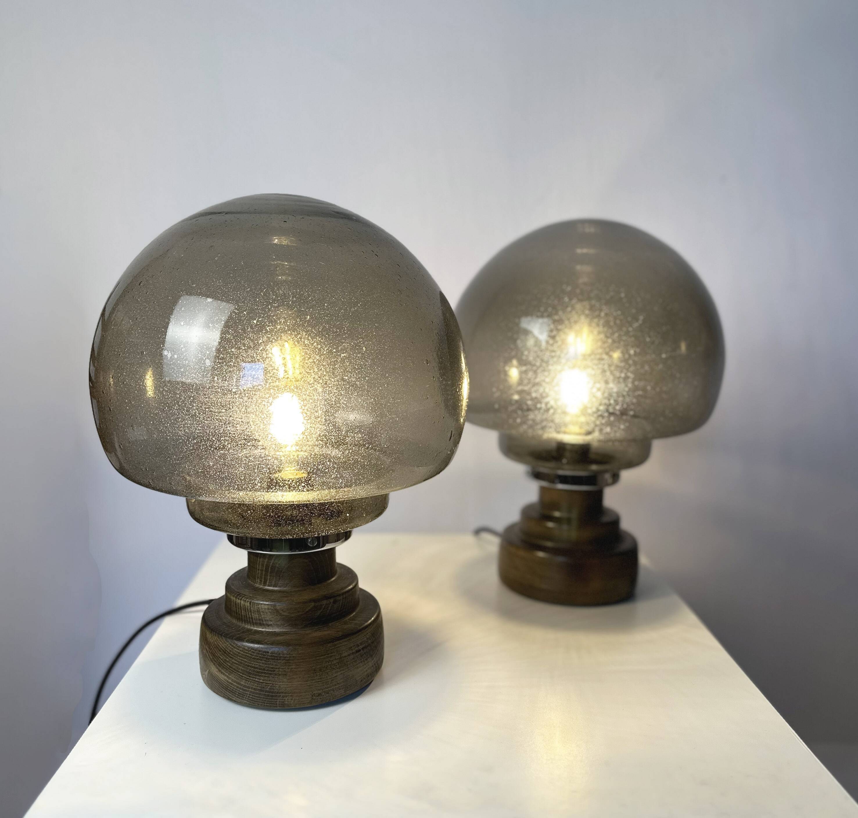 Set of 2 vintage Italian brutalist mushroom table lamps in smoked glass