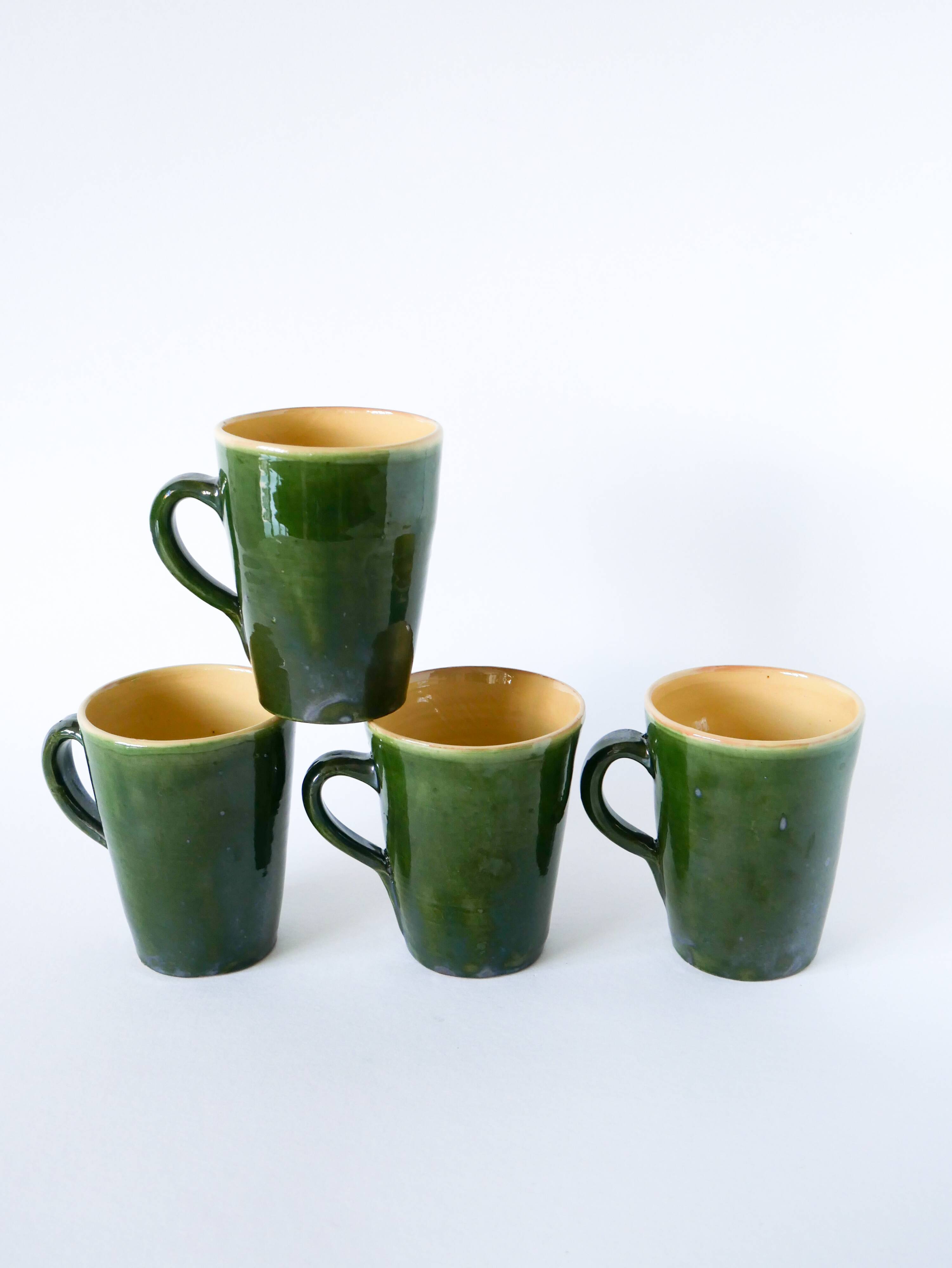 Set of 4 green mugs in glazed stoneware, ceramic, 1970
