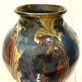 Ceramic vase, glazed stoneware, floral decoration, signature to be identified