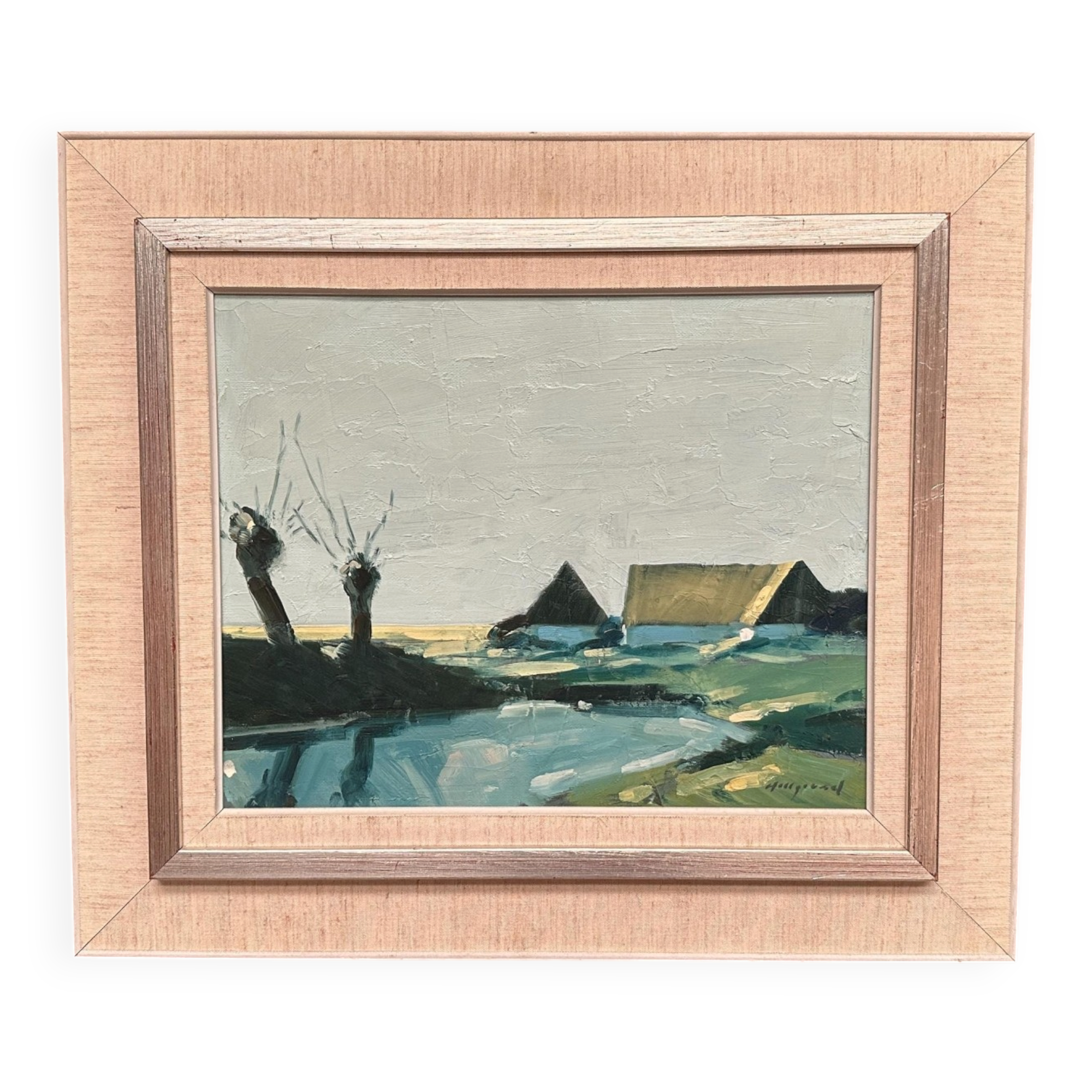 Swedish Oil on Canvas – “Farm by the Lake” by Bengt Hillgrund
