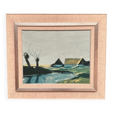 Huile su toile suédoise – « Ferme au bord du lac » par Bengt Hillgrund