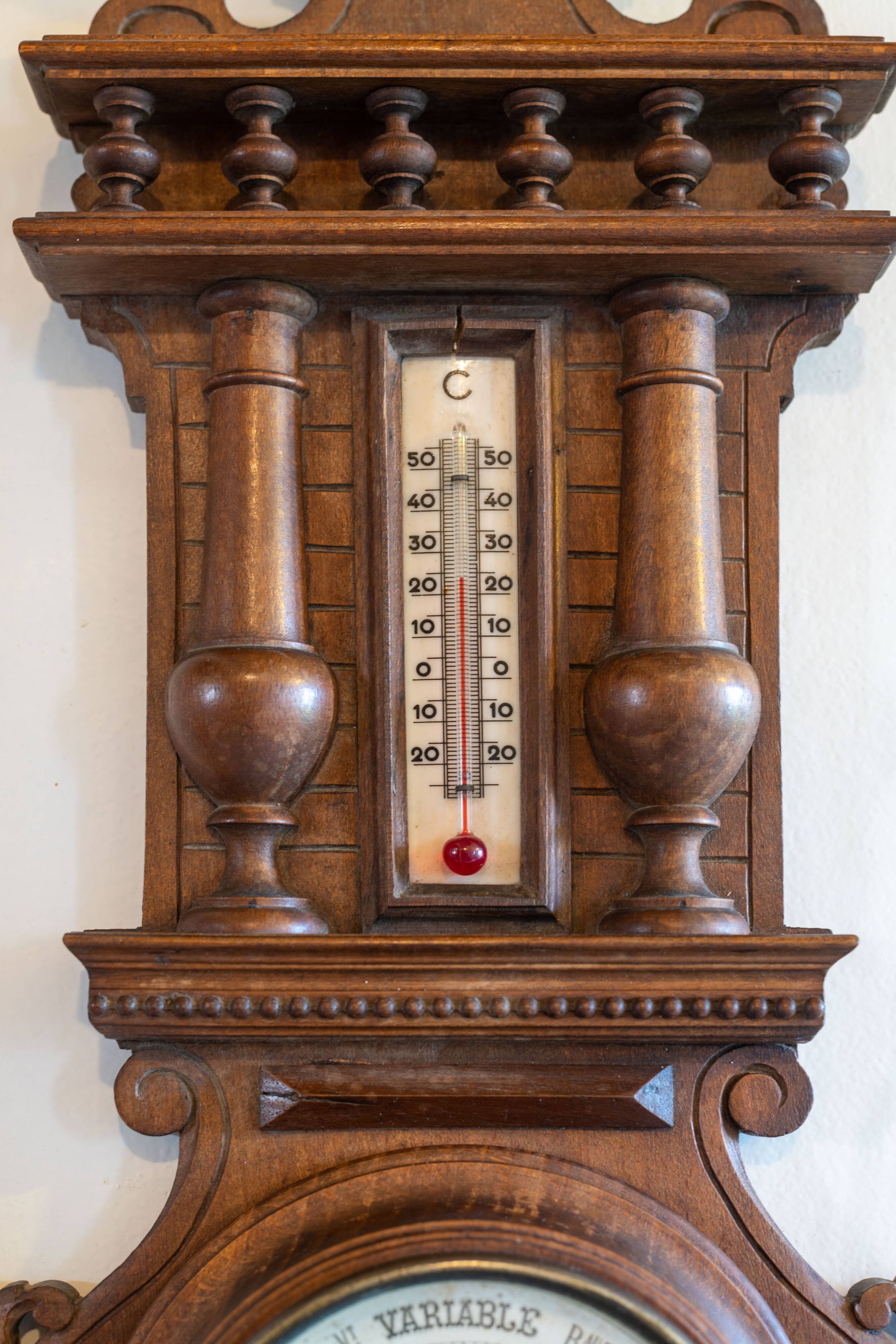 Henri II barometer and thermometer in carved wood