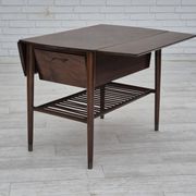 Table basse pliante danoise des années 1950 avec tiroir et étagère, état d'origine.