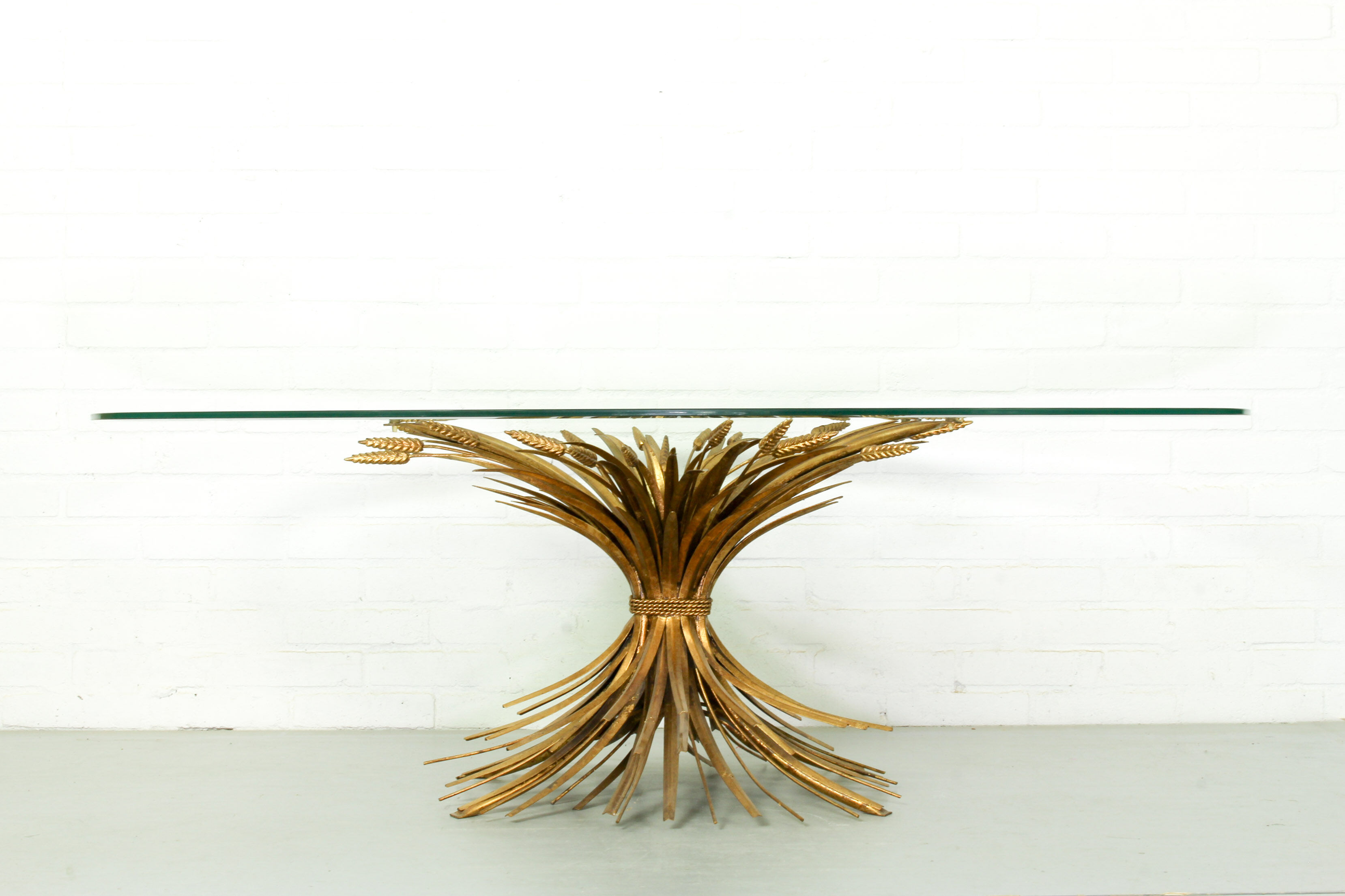 Mid century Coco Chanel gilt oval glass and brass table sheaf of wheat