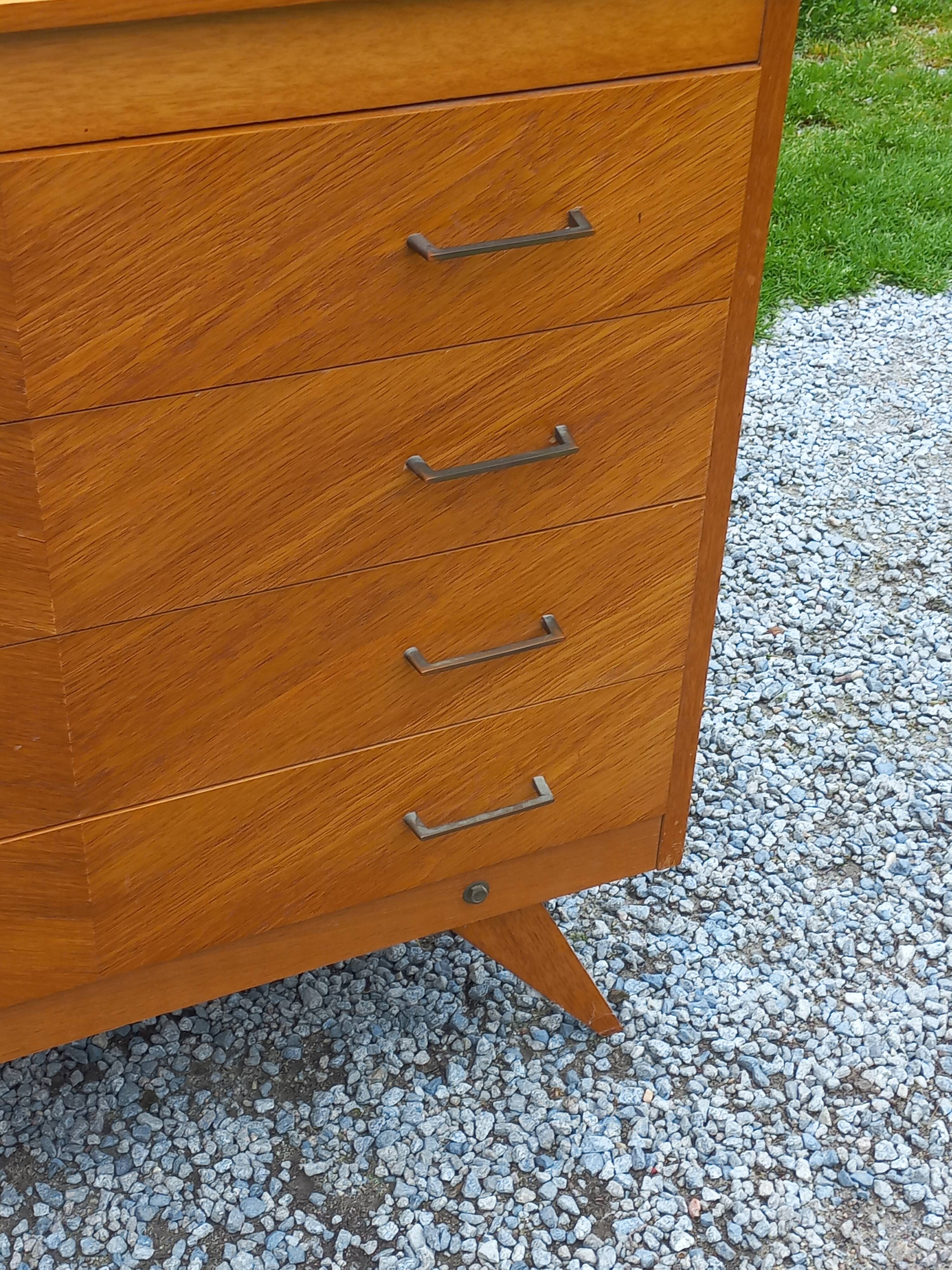 Vintage chest of drawers in blond and golden oak, compass legs and 4 drawers, 1950s