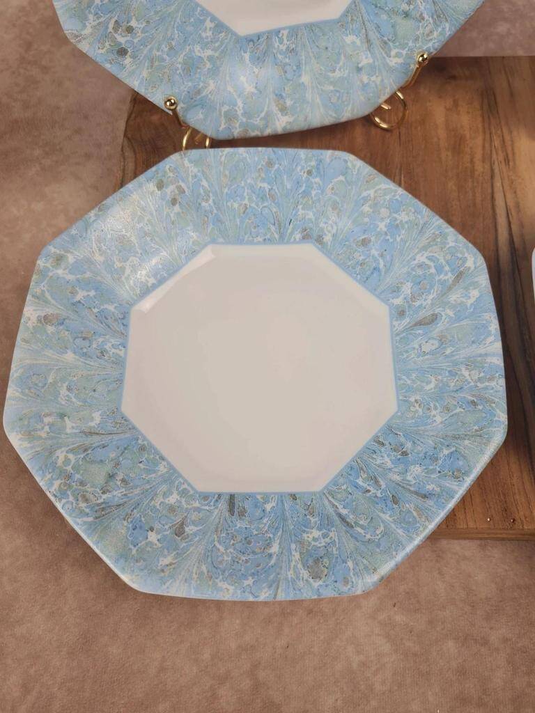 Set of 4 vintage blue marbled Arcopal deep plates.