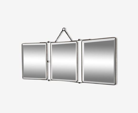 Miroir vintage 1950 triptyque barbier biseauté - 25 x 60 cm