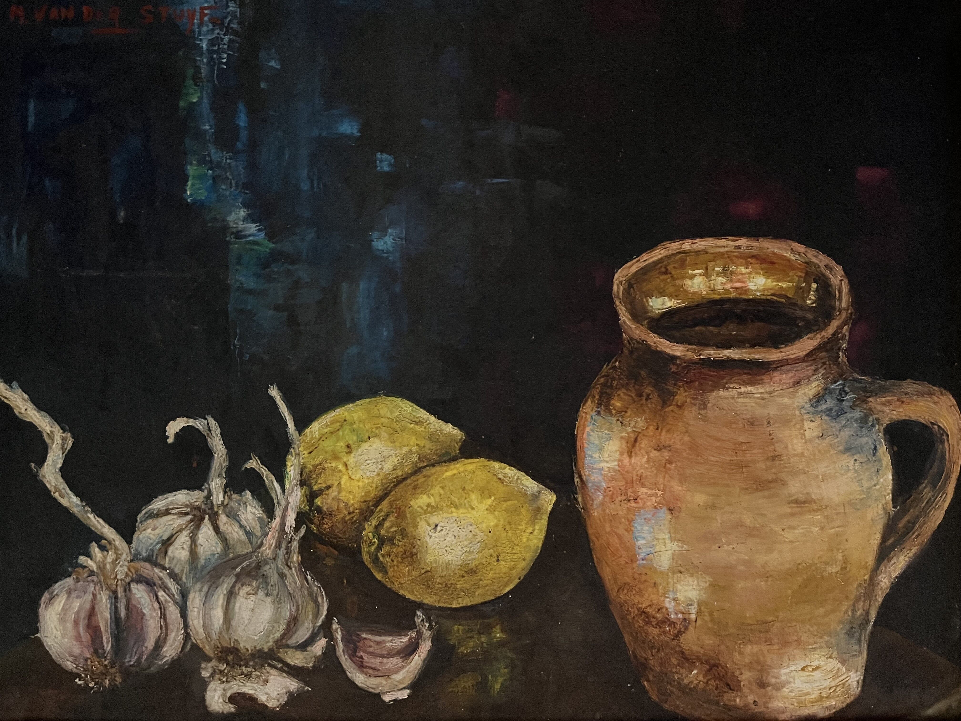 Painting Still Life with Jug, Garlic and Lemons