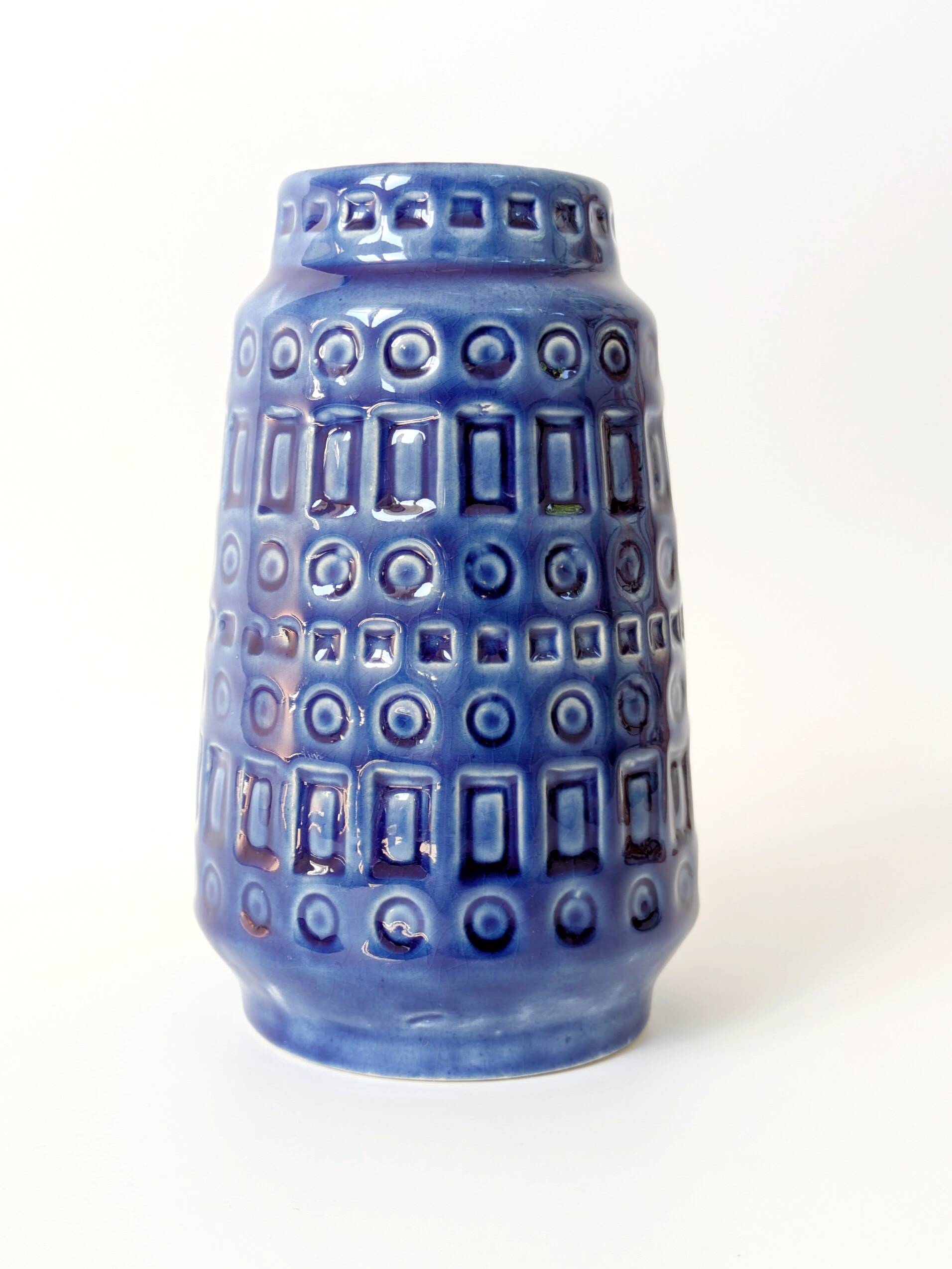 Vintage Scheurich Inka Vase, Blue Ceramic, West Germany