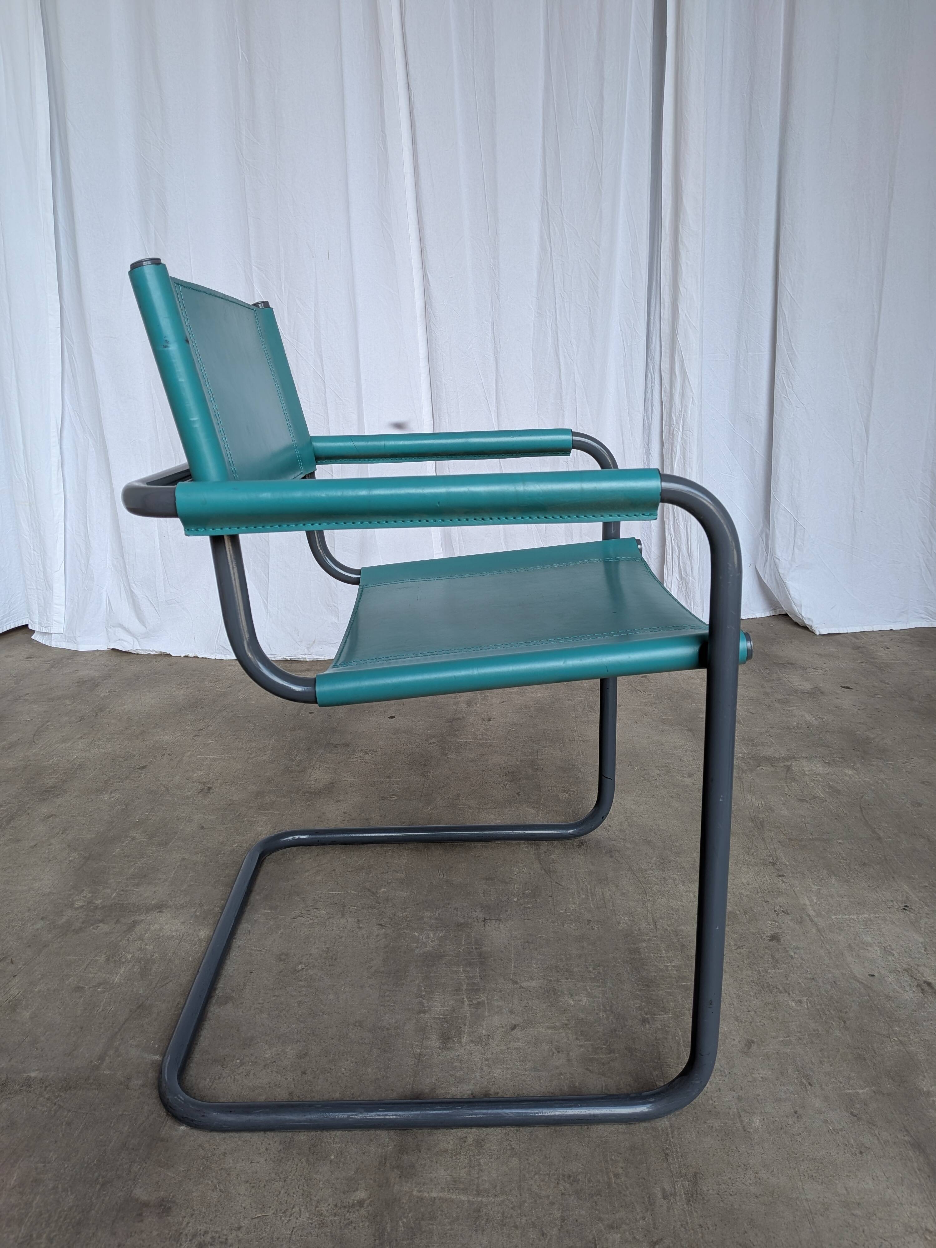 Vintage Mart Stam Style Armchair: Turquoise Leather, Black Chrome Cantileve