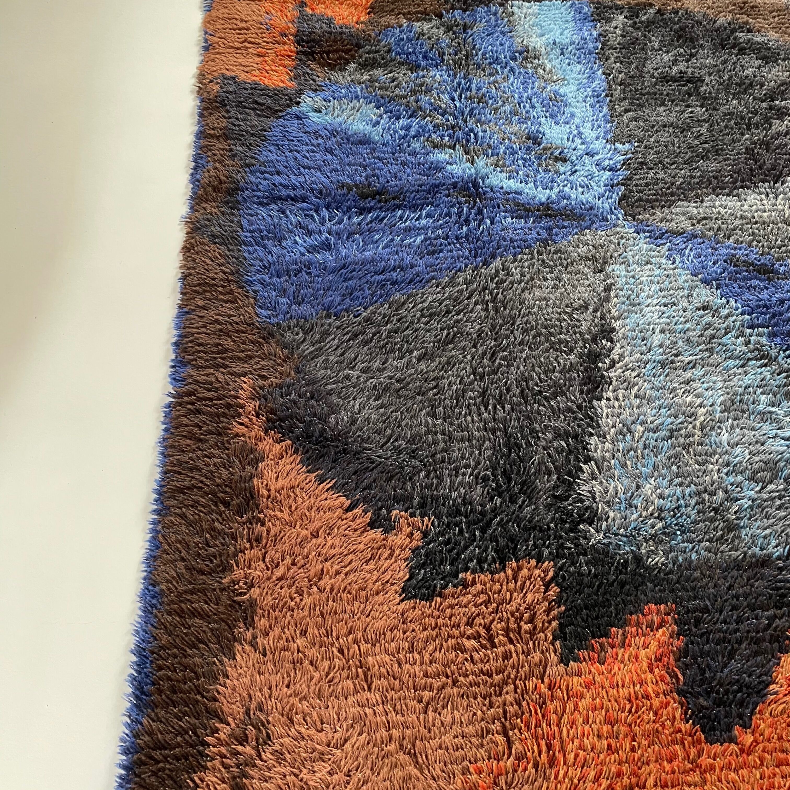 Abstract Scandinavian Multicolor High Pile Rya Rug Carpet, Sweden, 1960s