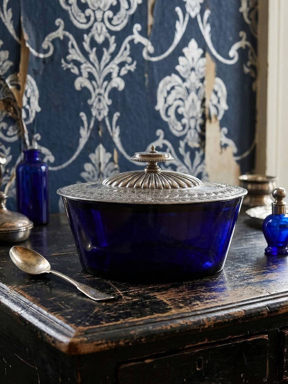 Victorian bonbonnière by George T. & Co, cobalt glass and silver-plated metal, 19th century.