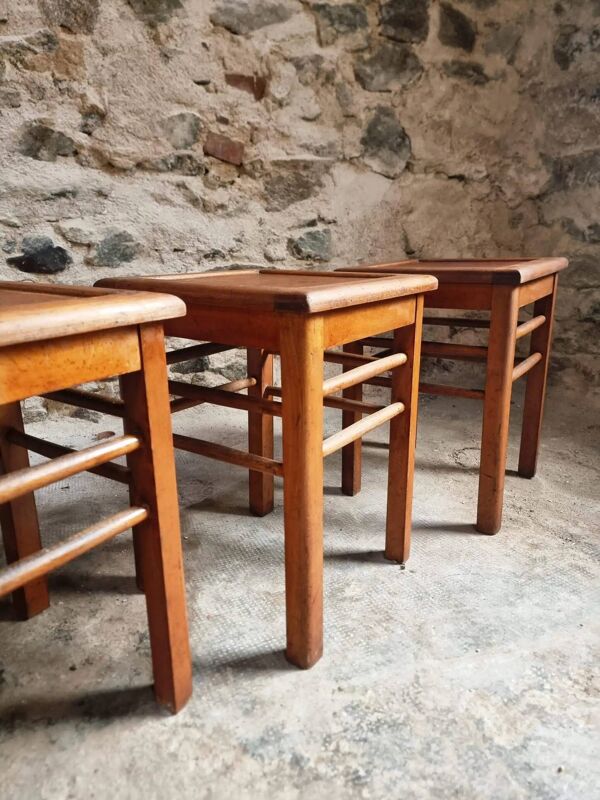 Lot de 6 tabourets d'atelier français vintage, assise en hêtre, tabourets industriels, France vers 1930