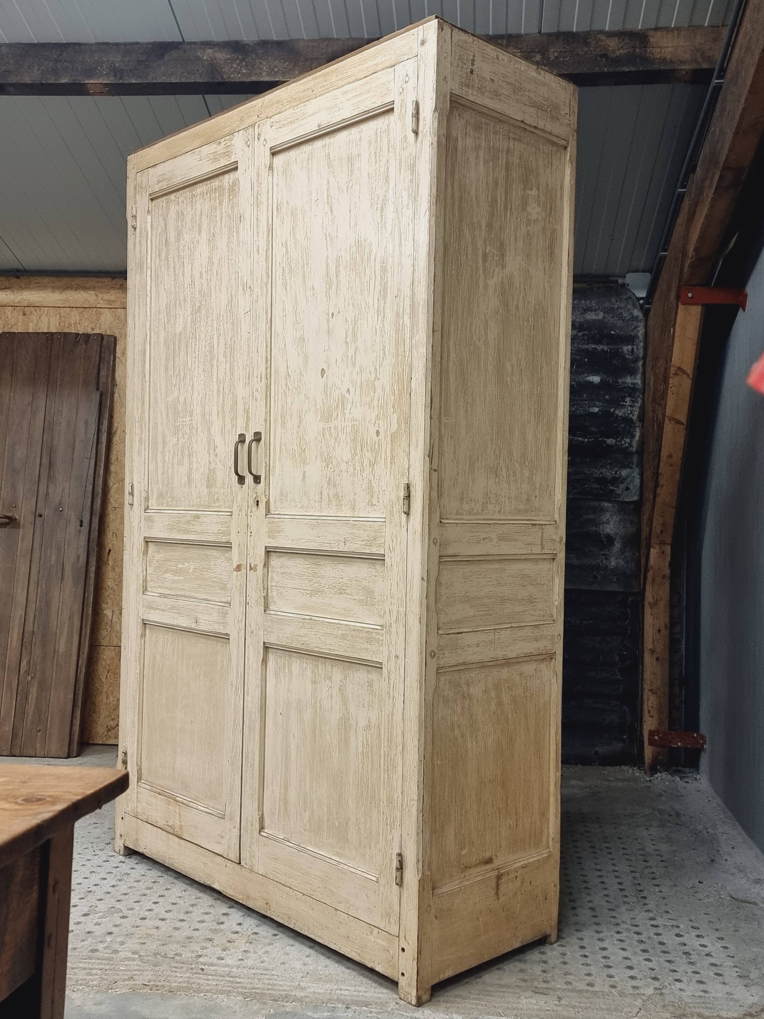 Antique wardrobe, kitchen cabinet, pinewood, creamy white