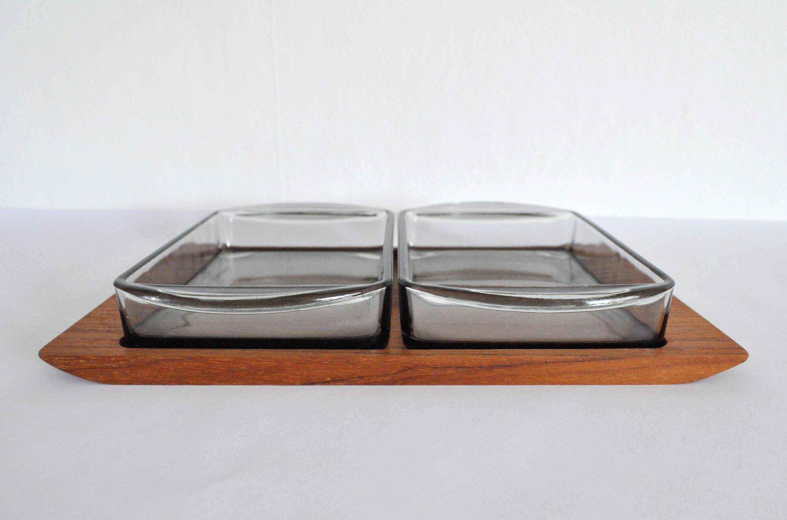 Danish Modern Teak Serving Tray with Glass Bowls by Wiggers, Denmark, 1960s
