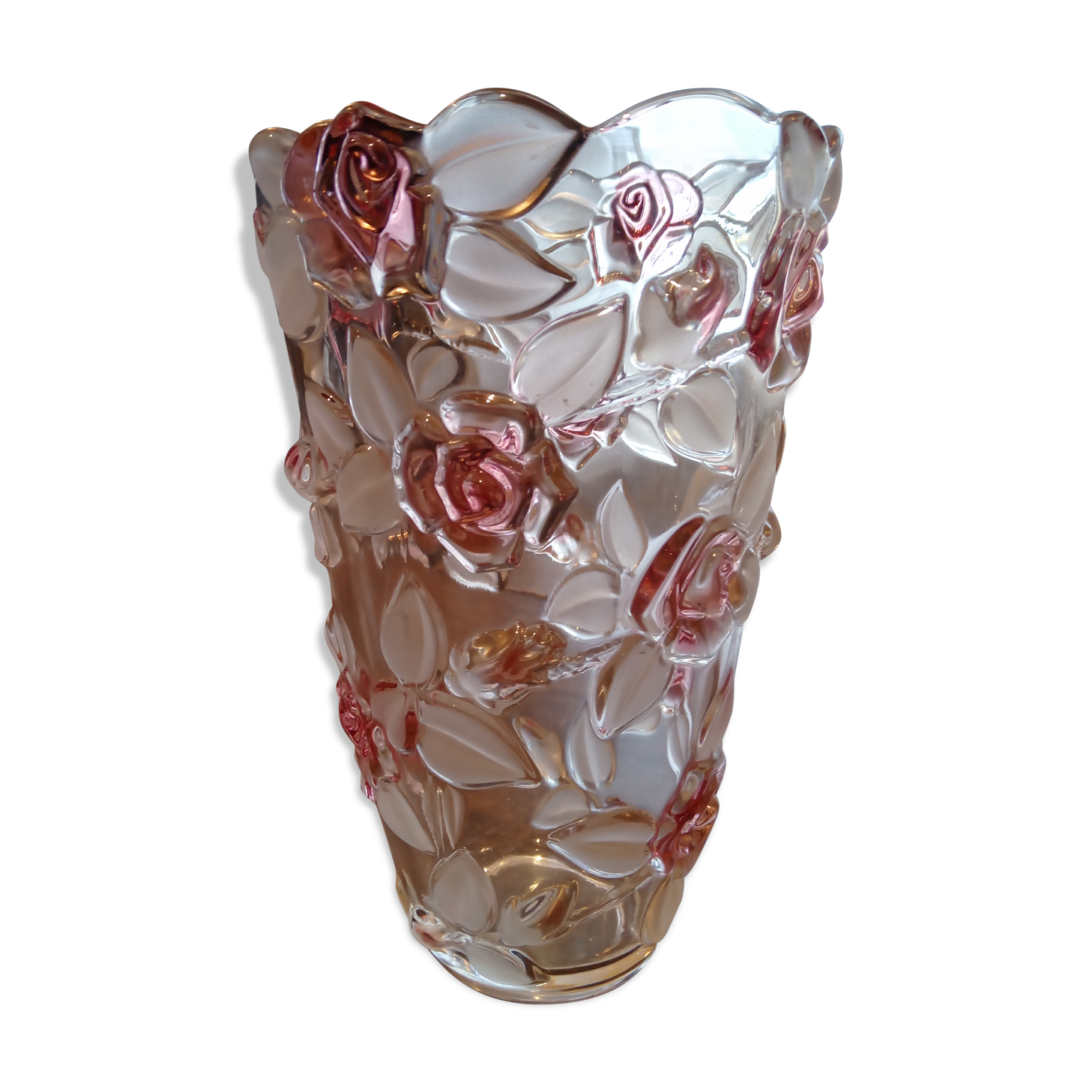 Glass vase molded pink flowers and opaque foliage "Original Waltherglas made in Germany"