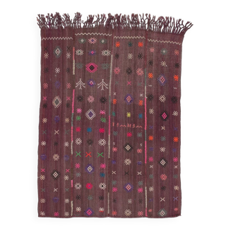 Vintage Brown Kilim Rug, Handwoven Anatolian with Colorful Tribal Motifs