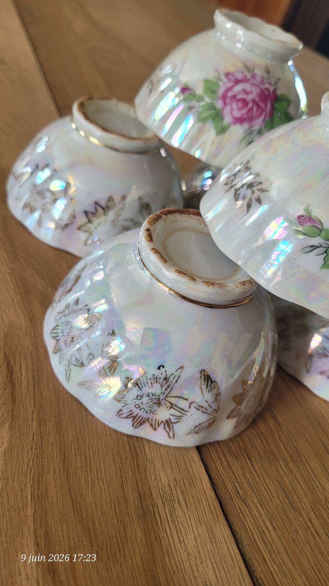 6 antique coffee cups in pearlescent porcelain