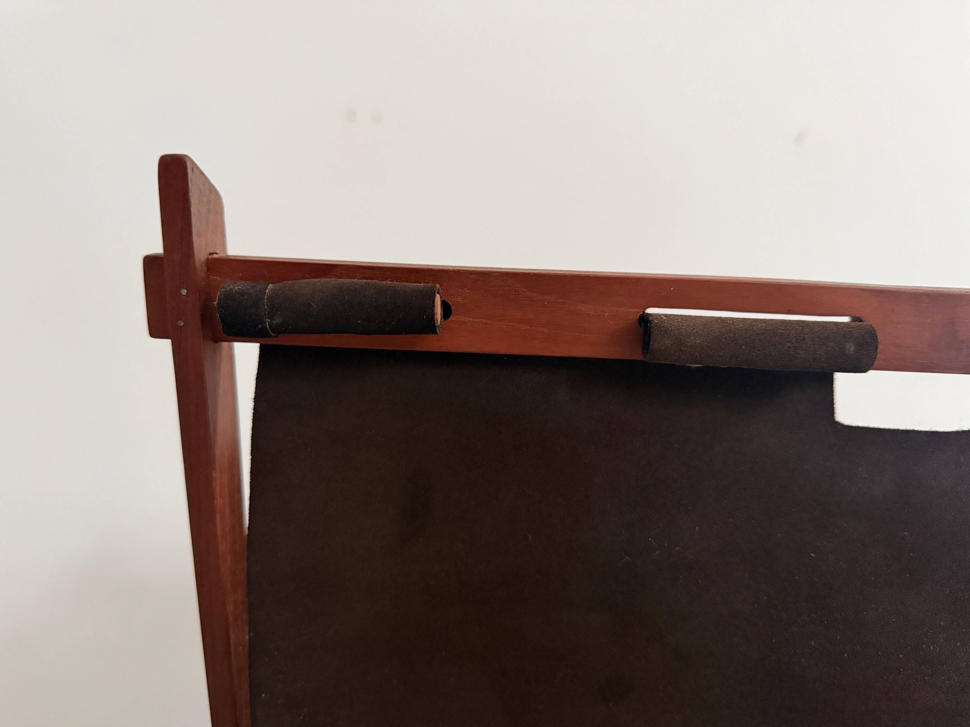 Support stand for mid-century teak and suede magazines and newspapers, 1960, Germany.