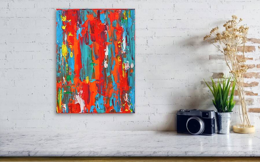 Abstract Red, Orange and Blue original painting on stretched canvas
