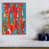 Abstract Red, Orange and Blue original painting on stretched canvas