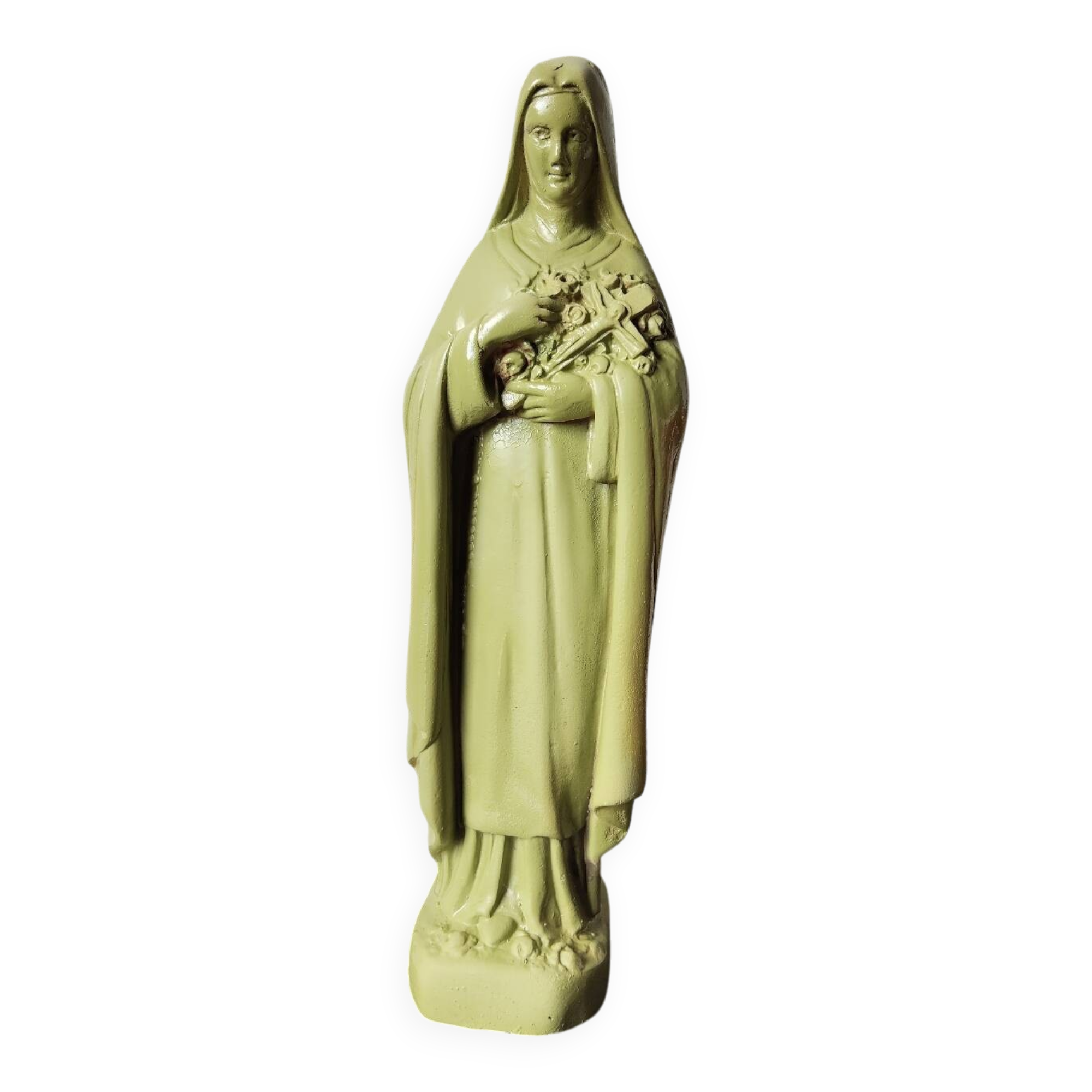 Ancient statue of Saint Thérèse of Lisieux – patinated olive green plaster