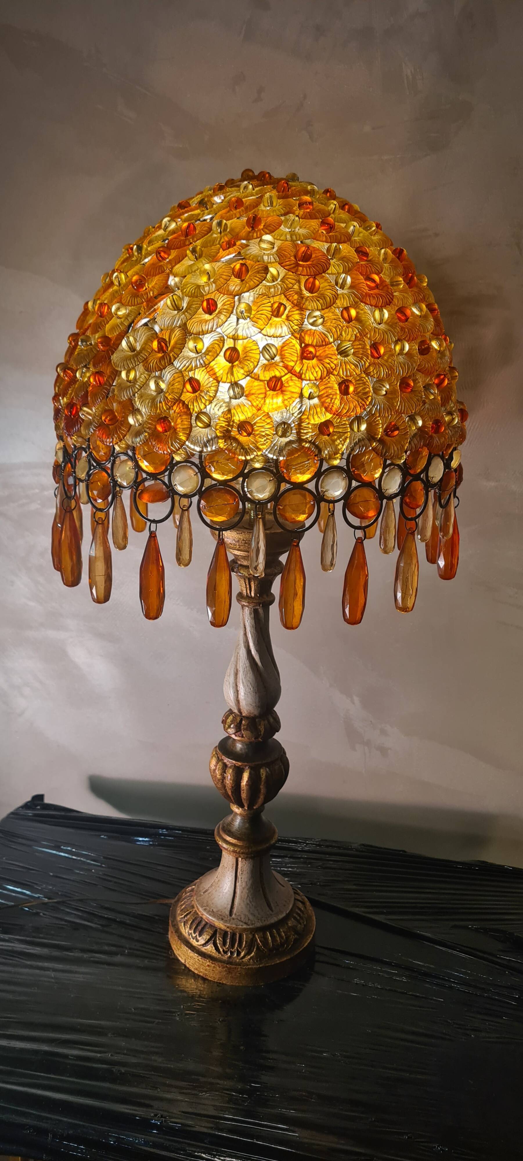 1970 lamp, patinated painted wood, and amber acrylic lampshade 70x28 elec ok;