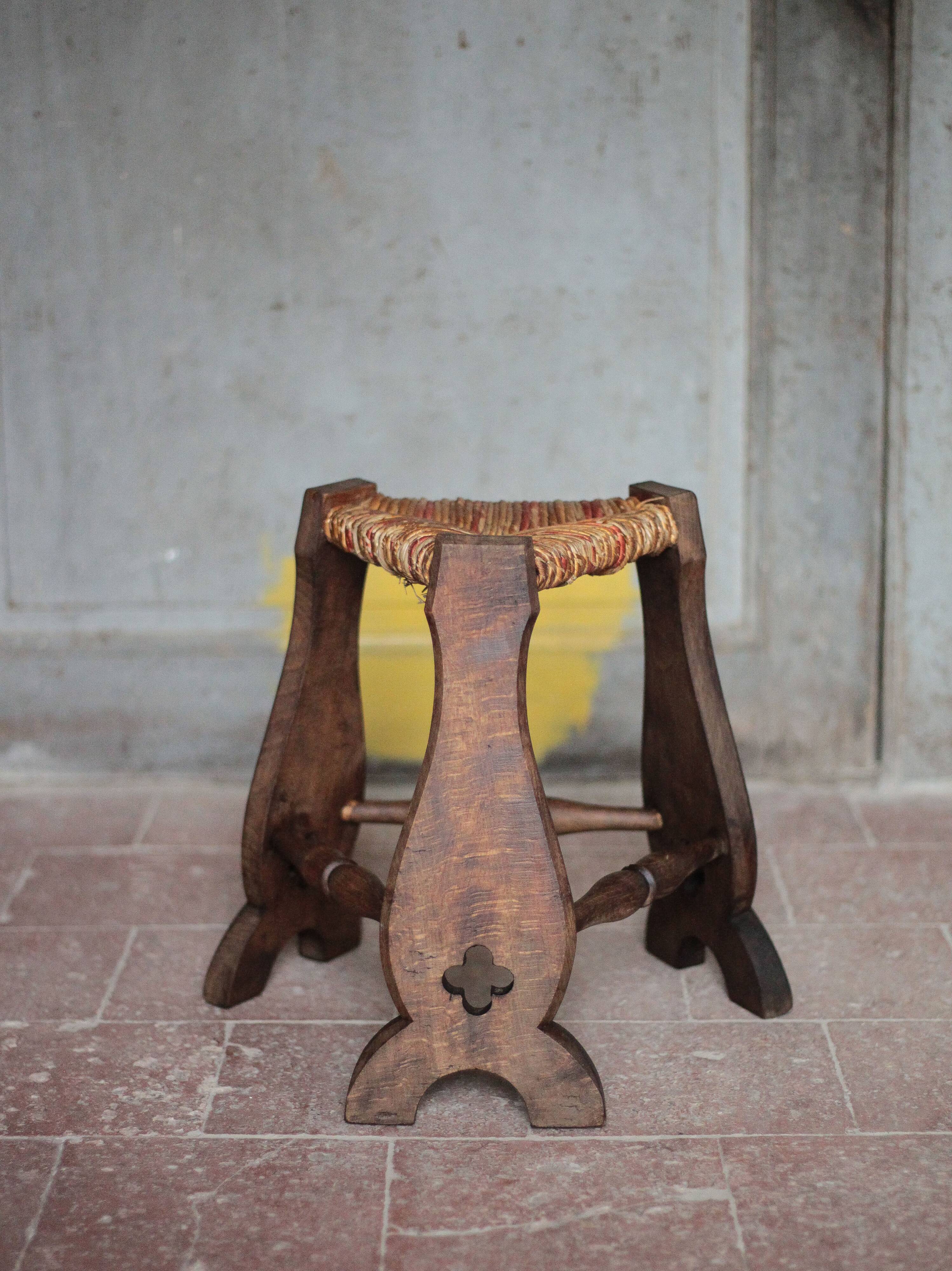 Wood and rush tripod stool, vintage stool, Gothic style stool