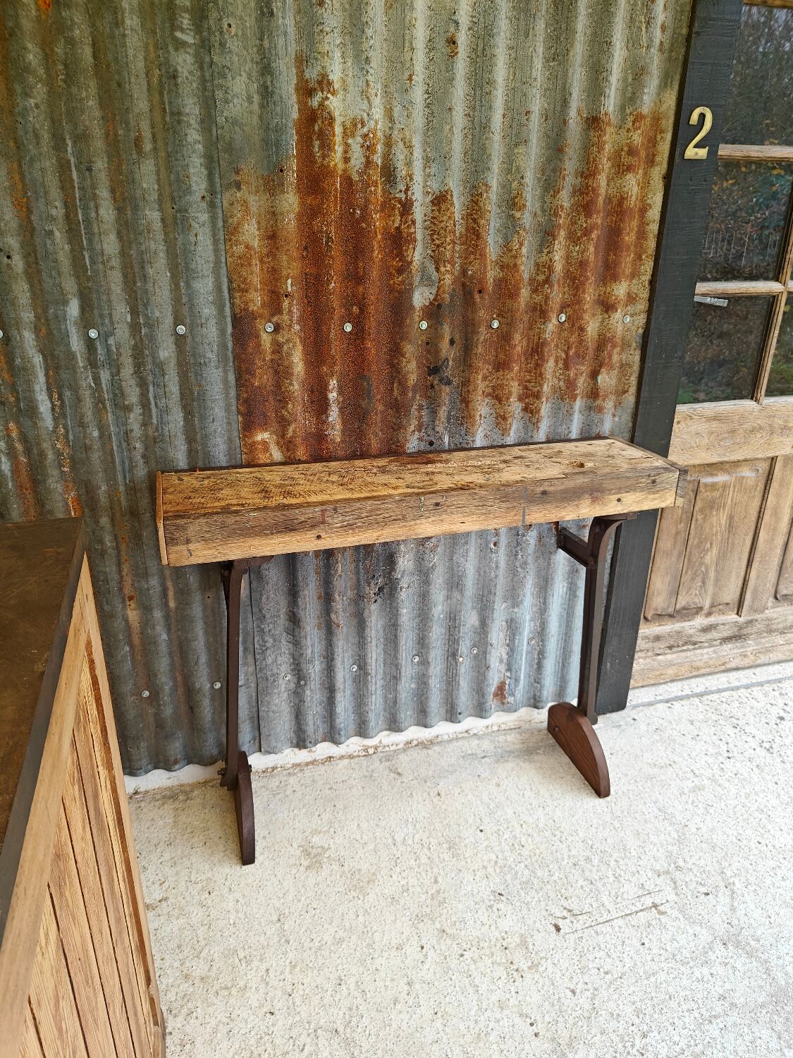 Wooden and cast iron workbench console