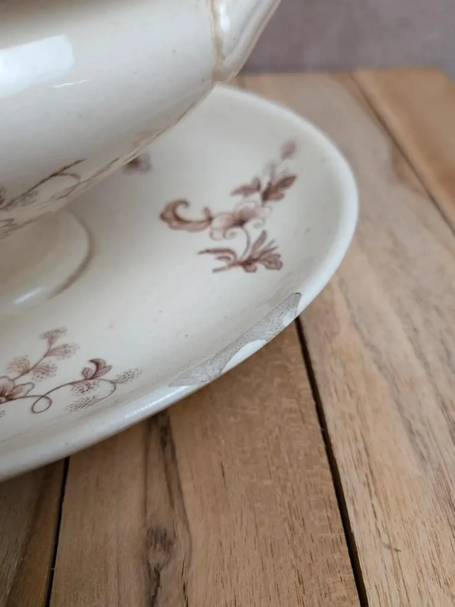 Antique sauce boat in ironstone from Salins – Sepia dragonfly decoration – With lid