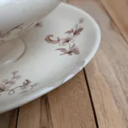 Antique sauce boat in ironstone from Salins – Sepia dragonfly decoration – With lid