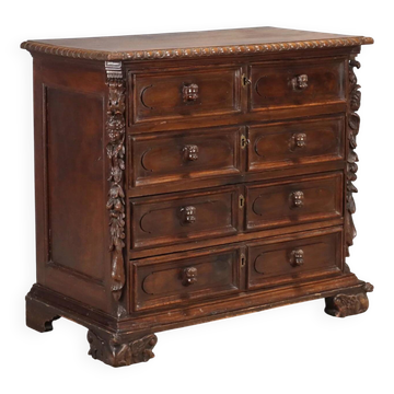 Antique baroque chest of drawers in walnut and poplar, 18th century.